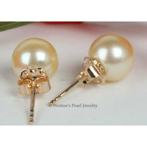 Xiuli 00273 AAA 7-7.5MM NATURAL GOLDEN GENUINE AKOYA SALTWATER PEARL STICK STUD EARRINGS