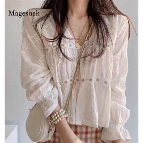 Chic Spring Hollow V-neck Blouse Women Fashion Flower Loose Ladies Shirt Korean Sweet Long Sleeve White Tops Blusas Mujer 13037