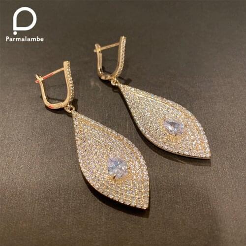 Gorgeous Gold Leaf Drop Earrings Sparkling Cubic Zirconia Engagement Color Jewelry Dangle Earrings for Women PE0006