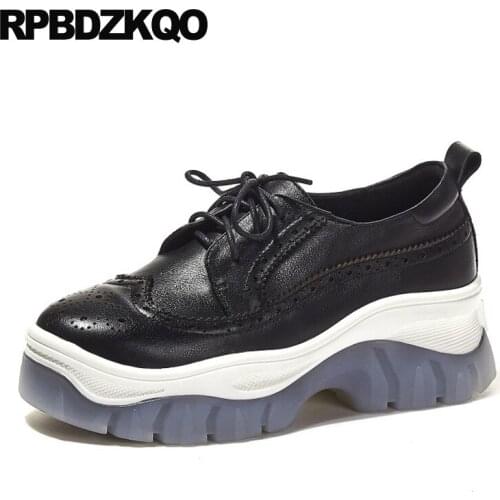 High quality black genuine leather shallow designer wedge women creepers platform shoes brogue thick sole china lace up elevator