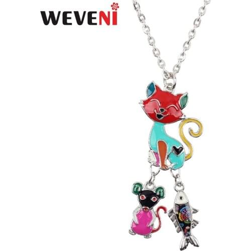 WEVENI Statement Enamel Cat Mouse Fish Cartoon Necklace Pendant Fairy Tale Cute Animal Jewelry For Women Girls Kids Gift Bijoux