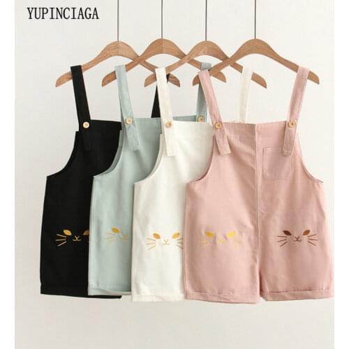 Women Overalls Pants 2020 New Cartoon Embroidery Sweet Style Pockets Hight Waist Trousers Casual Fashion Cotton Jumpsuits Girls
