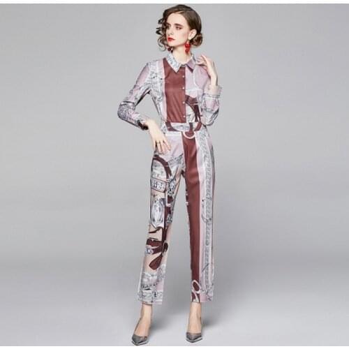 New Runway Designer Womens Spring Long Sleeve Turn Down Collar Flower Printing Shirt + Hight Waist Pencil Pants 2 Piece Set