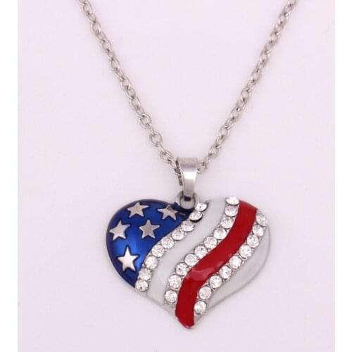Link Chain Heart Shape Pendant Necklace Unisex Fashion Patriot Style Pattern Crystals Enamel Zinc Alloy Provide Dropshipping