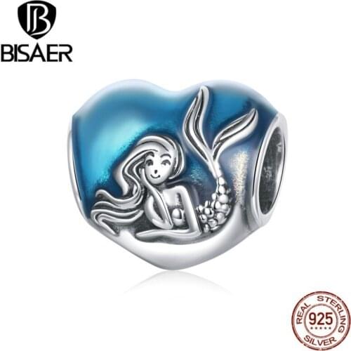Bisaer 100% 925 Sterling Silver Dangle Dream Mermaid Beads fit Women Charm Bracelets Necklaces DIY Jewelry Gift ECC1801