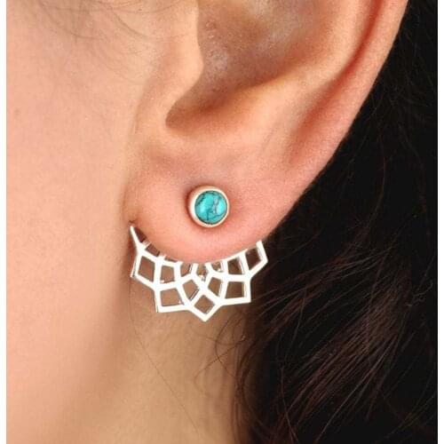 Bohemia Hollow Metal Lotus Turquoises Stud Earring Front Back Double Sided Piercing Earrings For Women Jewelry