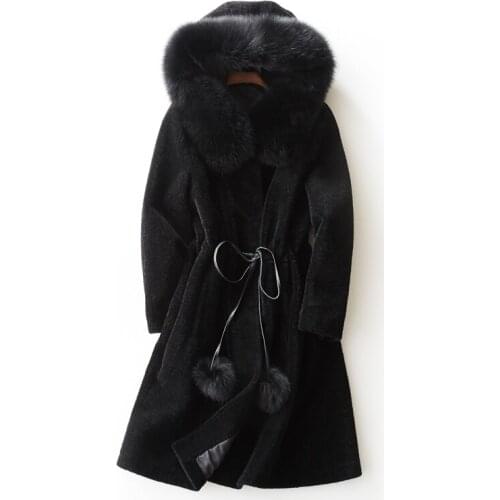 Geniune Fur Coat Winter Jacket Women Warm Thick Real Sheep Shearing coat Fox Fur Collar Outwear abrigos BF32149 MF439