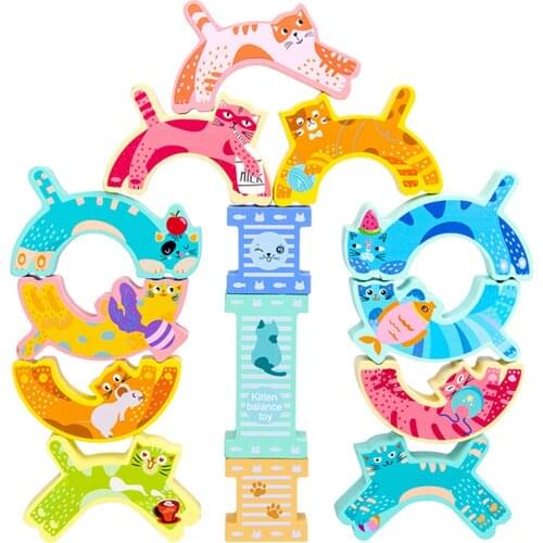 Kitten Balance Game Wooden Building Blocks Pyram Smooth Stacking Toy Parent-child Stacking High Game Balance Building Blocks Toy