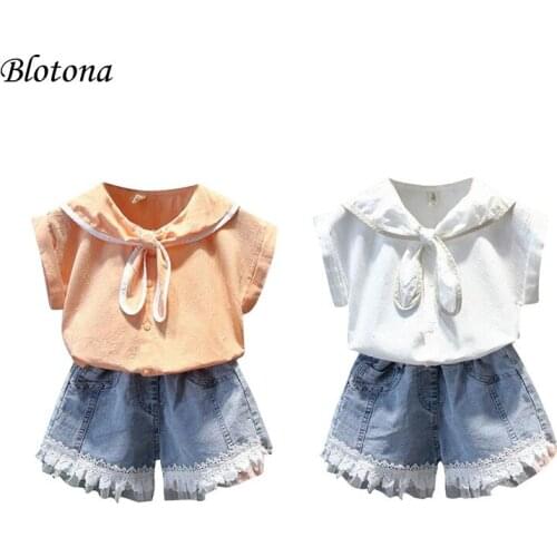 Blotona Cute Baby Girls Clothes Set, Solid Color Sleeveless Pan Collar Shirt + Lace-joint Short Jeans, 1-10Years