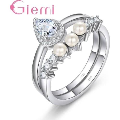 Hot Sale Water Drop Clear Cubic Zircon 925 Sterling Silver Geometric Ring Set For Women Lady Party Wedding Jewelry