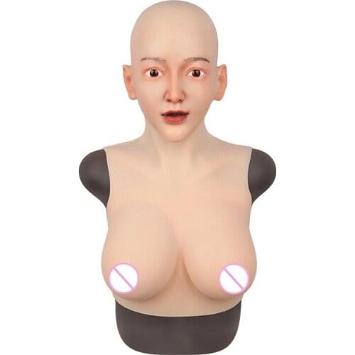 Makeup Mask Headgear Silicone Female Face with D Cup Breast Shape Cosplay Props for Stage Performer Transvestite and Drag Queen