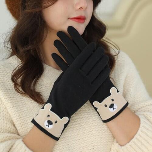 Cute Cartoon Panda Embroidery Single Layer Cycling Warm Mittens Winter Female Cashmere Elastic Touch Screen Driving Gloves E75s