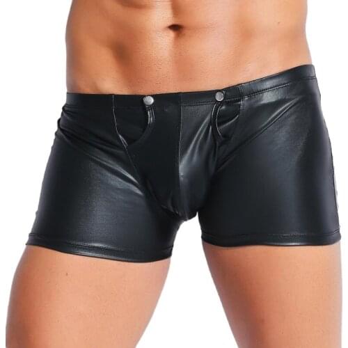 Male Sexy Boxer Underpants Faux Leather Fasion Gay Underwear Thin Plus Size Black Shorts Back Zipper Comfortable Men New Panties