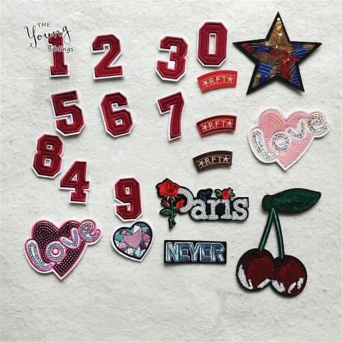 Hot sale Sewing love heart letter and Arabic numerals patches iron on clothing Embroidery Fabric Badges Stickers DIY accessory