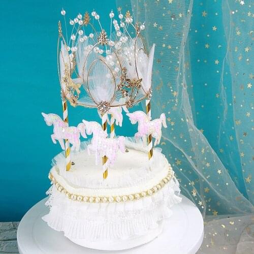 New Baking Cake Decoration Luxury Crystal Pearl Tulle Cloth Crown Decoration Romantic Wedding Crown Decoration