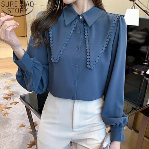 Autumn 2021 Button Elegant Women Shirt Temperament Peter Pan Collar French Shirt Long Sleeve Top Women Blouse Blusas Mujer 16361
