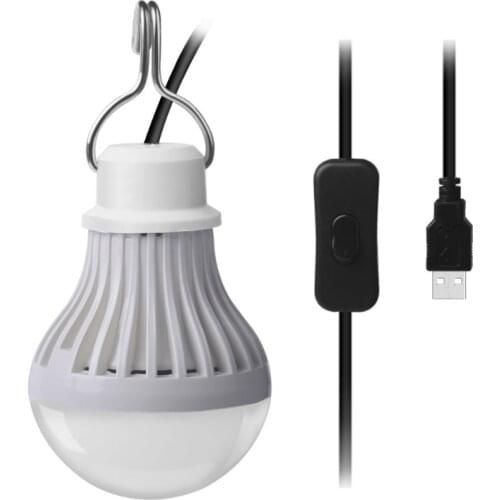 USB Portable LED Bulb 5W 5V Bulb Light Emergency Light with 2.5m Cable on/off Switch for Camping Garage Warehouse Car