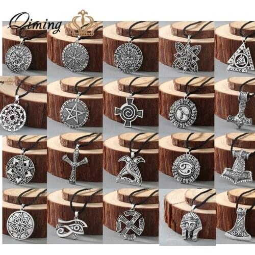 Viking Rune Slavic Necklace Men Raven Zodiac Hammer Compass Pendant fashion Vintage Amulet Jewelry Women Necklaces Male Collar