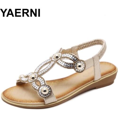YAERNI Women Sandals Summer 2018 Gladiator Sandals Shoes Woman Bohemian Flat Crystal Flower Wedge Open Toe Casual Beach Sandals