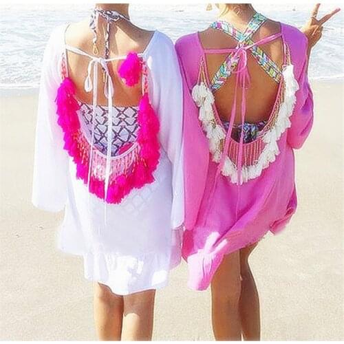 Sexy Backless Beach Cover Up for Women Tunic Long Sleeve Back Tassel Summer Dress Lady Womens Sundress 2021 Black White Blouse