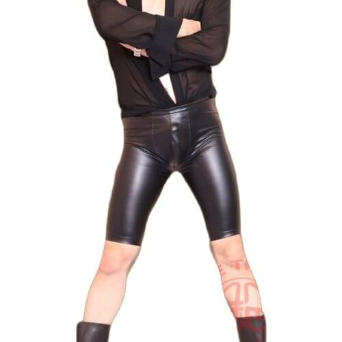 Sexy Men Plus Size Wild PVC Faux Leather Panties Knee Length Pirate Shorts Club Suits Greaves Fetish Gay Porn Couple Men Shorts