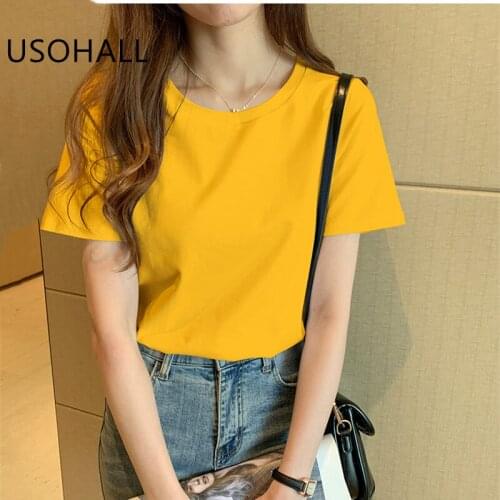 USOHALL 2021 Summer Women Tees Simple Solid Cotton Match Basic Short Sleeve T-Shirts