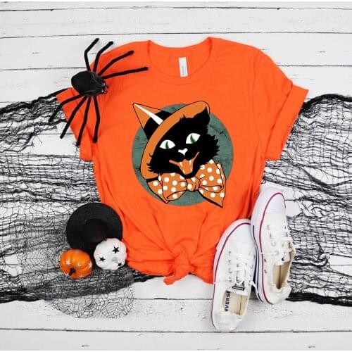 Vintage Halloween Black Cat T-Shirt Halloween Unisex Shirt Cute Harajuku Graphic T Shirts Retro Woman Tshirts Aesthetic Tees Top