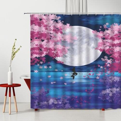 Dream Night Landscape Shower Curtains Full Moon Cherry Blossom Ocean Polyester Home Bathroom Decor Bath Hanging Cloth Curtain