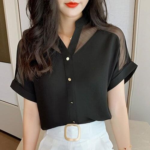Vetement Femme 2021 Summer Black Short-sleeved Shirt Fashion Solid Mesh Stitching V-neck Blouses White Tops Dropshipping 0653