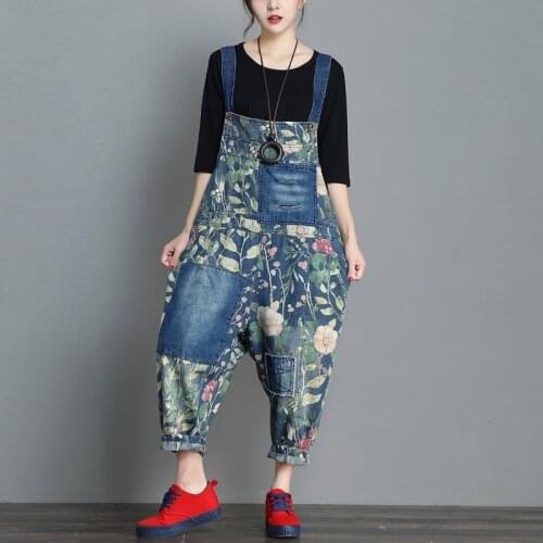 Women Drop Crotch Denim Rompers Wide Leg Jean Jumpsuit Vintage Printed Baggy Bodysuit Europe Big size Bib Cowboy Harem Overalls