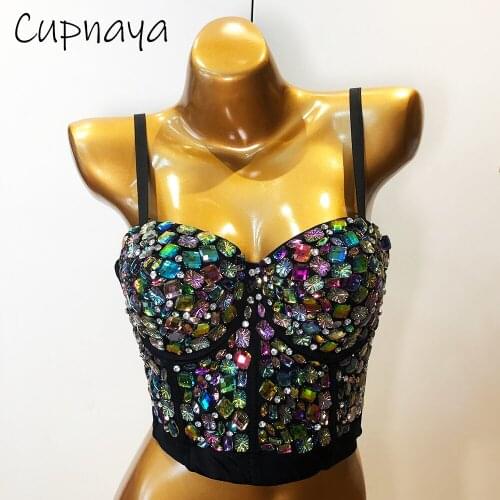 Cupnaya Crystal Rhinestones Women Stretch Crop Top Sexy Removable Spaghatti Strap Club Bustier Inner Tube Vest Camisole Black