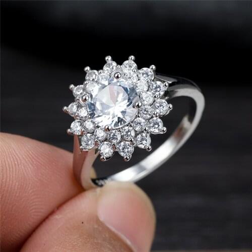 Female Luxury Crystal Flower Ring White Zircon Big Round Stone Engagement Ring Fashion Gold Silver Color Wedding Rings For Women