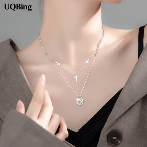925 Sterling Silver Vintage Double Layer Chain Cross Angle Charms Necklace For Women Wholesale Jewelry
