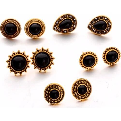 5 Pairs/set Vintage Black Gems Waterdrop Flower Shaped Crystal Earrings Womens Ear Stud Fashion Jewelry