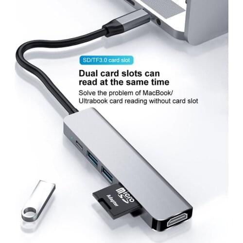 6-in-1 Type-C Hub 4K USB-C to HDMI Adapter USB3.0 Card Reader Support 87W PD Fast Charging for Macbook, Phones