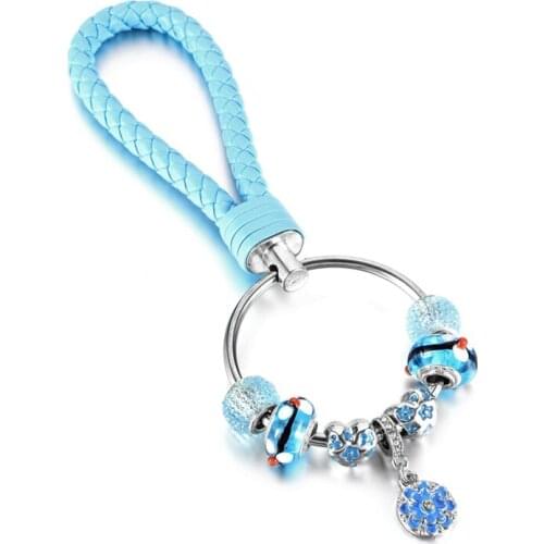 KEORMA Cute Design Blue Flower Shape Pendant with Blue Series Delicate Heart Shape Beads Key Chain with Light Blue Leather Chain