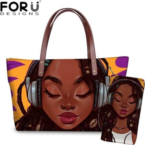 FORUDESIGNS Purse&Handbags Women 2pcs/set Travel Hand Bag Ladies Black Art African Girls Printing Shoulder Tote Bag for Female