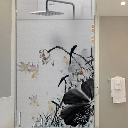 Customized glueless glass stickers ink landscape lotus frosting film transparent opaque window paper bathroom door
