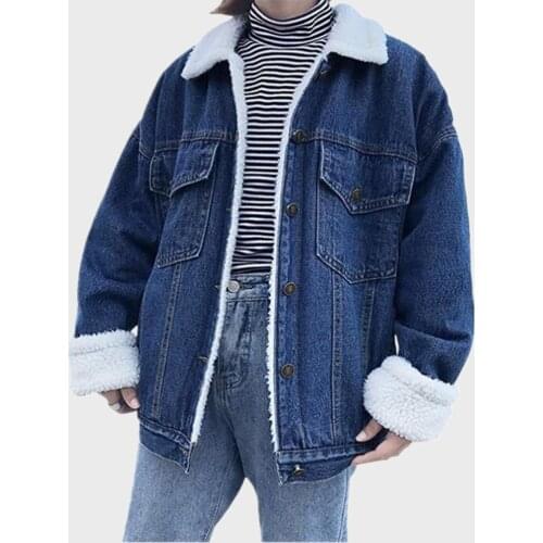 Women Autumn Blue Jean Jacket Winter Plus Velvet Denim Jacket Vintage Lamb Wool Warm Jackets Long Sleeve Outwear Overcoat