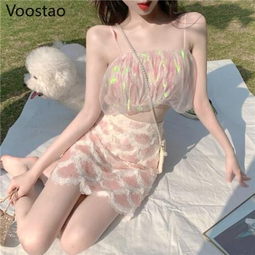Summer Women Sweet Chic Two Piece Set Camisole Crop Tops and Mermaid Sequins Skirts Female Sexy Multicolour Fairy 2 Piece Sets