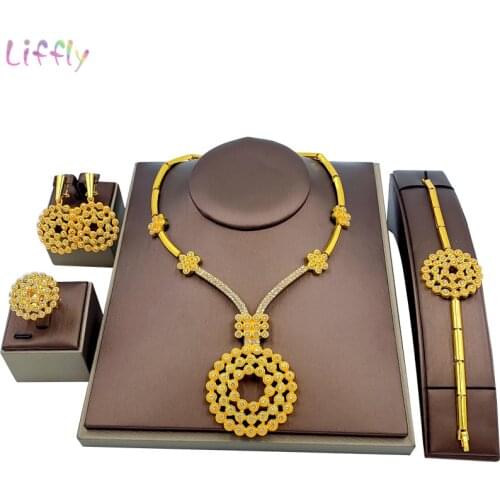 Liffly Elegant Women Gold Jewelry Round Necklace Bracelet Earrings Ring Accessories Nigeria Fashion Jewelry Sets Party Gift