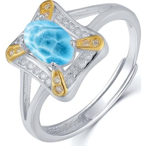 Fine Jewelry Fashionable Designs 925 Sterling Silver Jewelry Oval Cut 0.75ct Blue Natural Larimar Ring Silver Adjustable ring