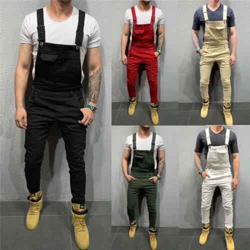 Fashion Mens Denim Jeans Dungarees Overalls Jumpsuit Slim Fit Suspenders Bib Pants Solid Trousers Jumpsuits