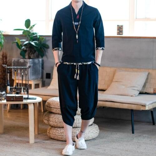 Men Sportswear Linen Summer Loose Yoga Shirt Sweatshirt+pant male Casual Jogger Workout Tai Chi Meditation Kungfu Set Sport Suit