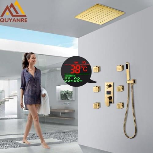 Quyanre Gold LCD Digital Shower Faucets Set LED Shower 6pcs Massage SPA Jets 3-way Digital Display Mixer Gold Bath Shower Faucet