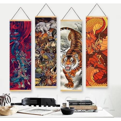 Nordic Style Solid Wood Hanging Painting Scrolls Watercolor Abstract Tiger China Style Wall Art Canvas Printed Poster Home Decor