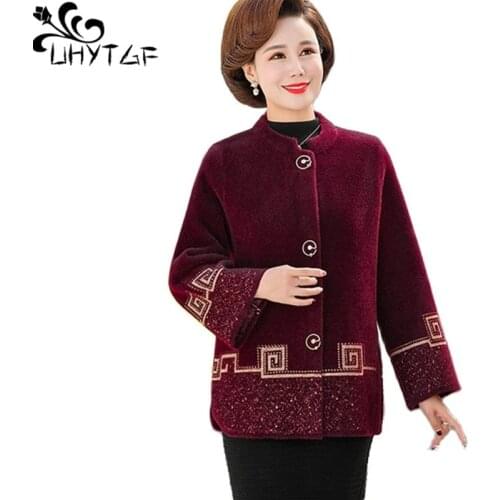 UHYTGF Middle-Aged Mom Autumn Winter Woolen Coat Quality Imitation Mink Fleece Casual Warm Jacket Women Plus Size Outerwear 1546