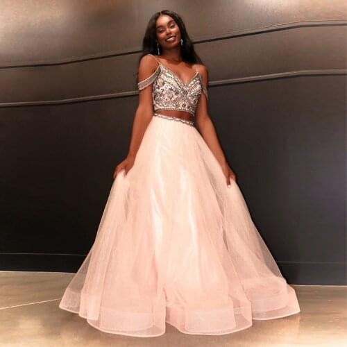 Two Piece Prom Dresses V-Neck Beaded with Rhinestones A-Line Tulle Spaghetti Strap Custom Made Crystal Party Gown for Graduation