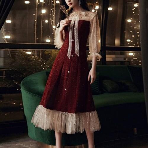 French Woman Christmas Sweet Girl Vintage Elegant Dress Renaissance Gentle Fairy Bowknot Lace Patchwork Offiec Lady Midi Dress