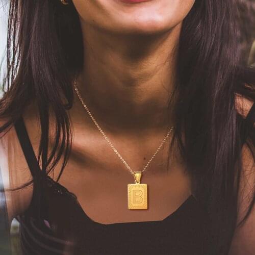 Initial Letter Pendant Necklace for Women Stainless Steel Square Alphabet Medallion Pendant Wholesale Jewelry